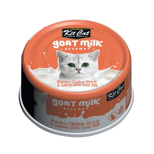 Kit Cat® goat milk gourmet Boneless Chicken Shreds & Salmon with Goat Milk Wet Cat Food 70gm